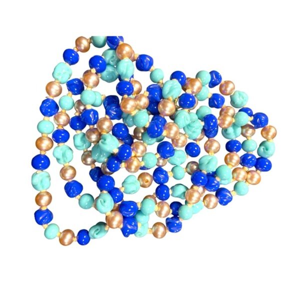 Antique Handmade CZECH Glass blue fancy bead & pearl necklace 48” LoNG - Picture 9 of 12